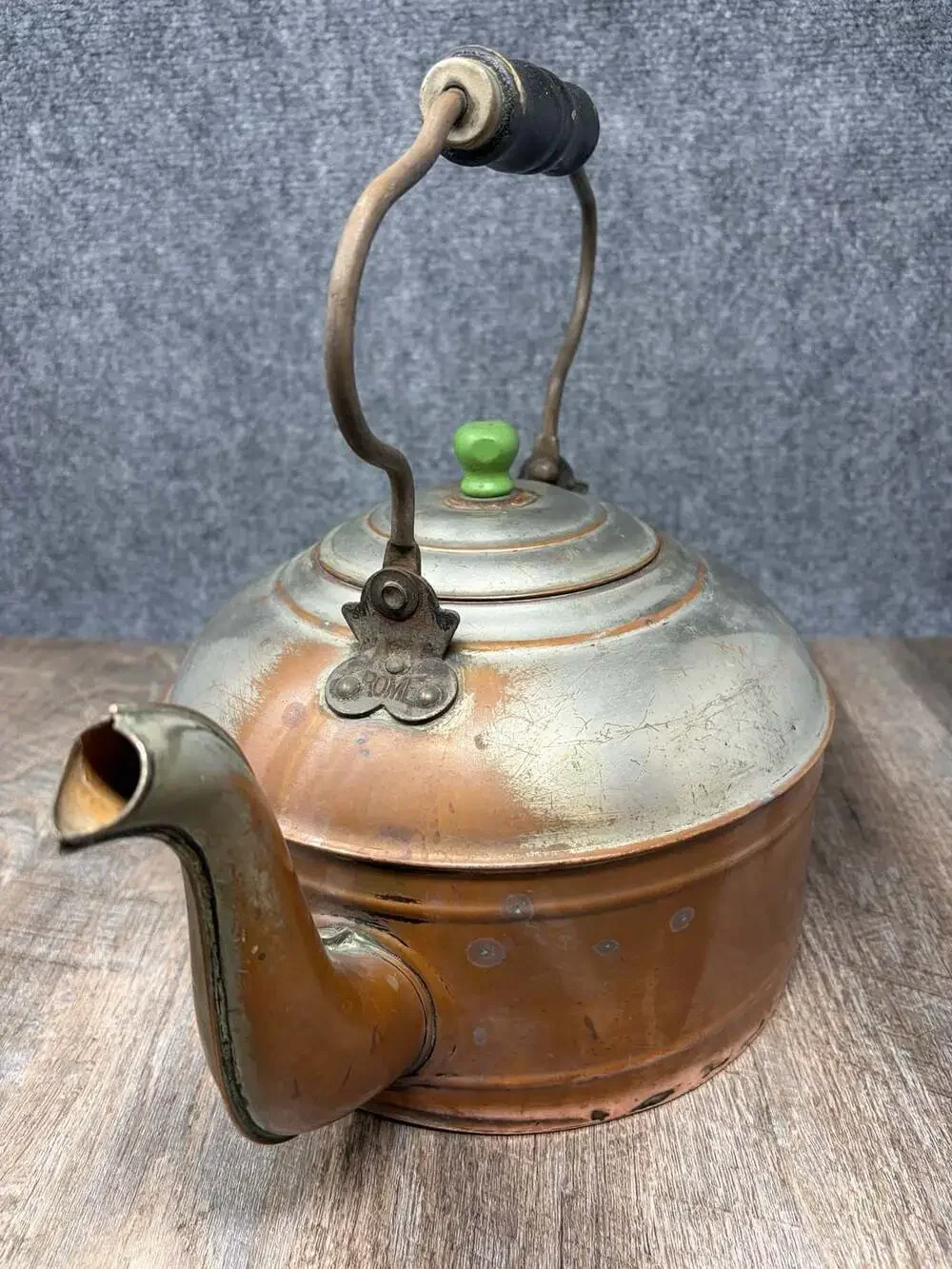 Antique Rome Copper and Nickel Plated Tea Kettle with Green Knob and Wood Handle